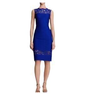 Tadashi Shoji Blue Paneled Sheath Dress Lace SleevelessMidi Cocktail Sz M